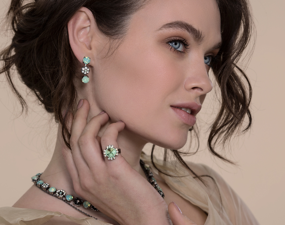 Earrings with rings antique silver cup chain bases with embedded Crystals pacific opal colors
