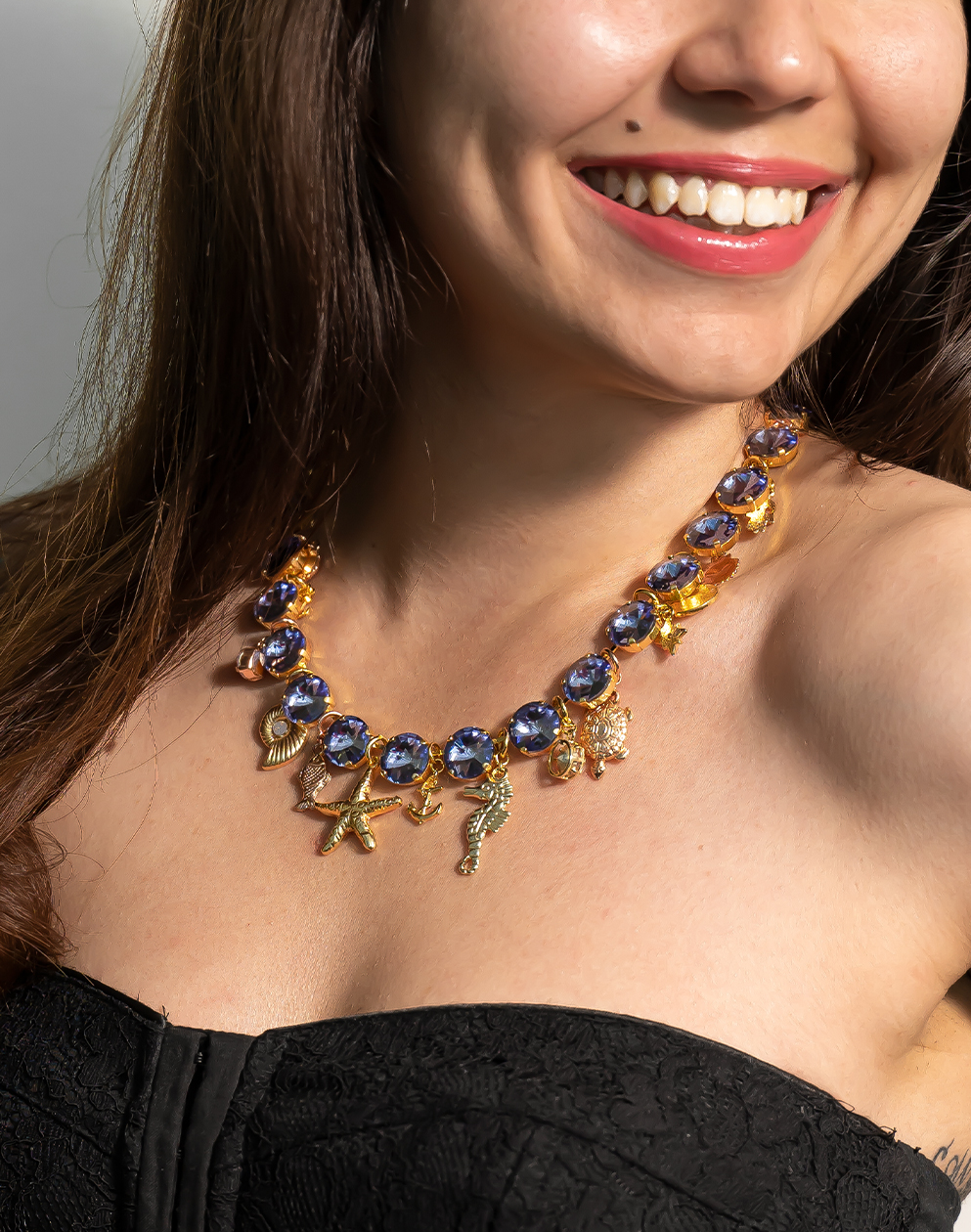 14mm-rivoli-charm-necklace-with-Tanzanite-Aurora-crystals-antique-silver-metqal-plating